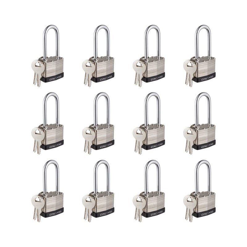 CINCINNO 40mm Keyed Alike Nickel Plated Laminated Steel Padlock, 1-9/16" Wide Body 2-inch Long Shackle Padlocks with Keys Pack of 12 - Image 1
